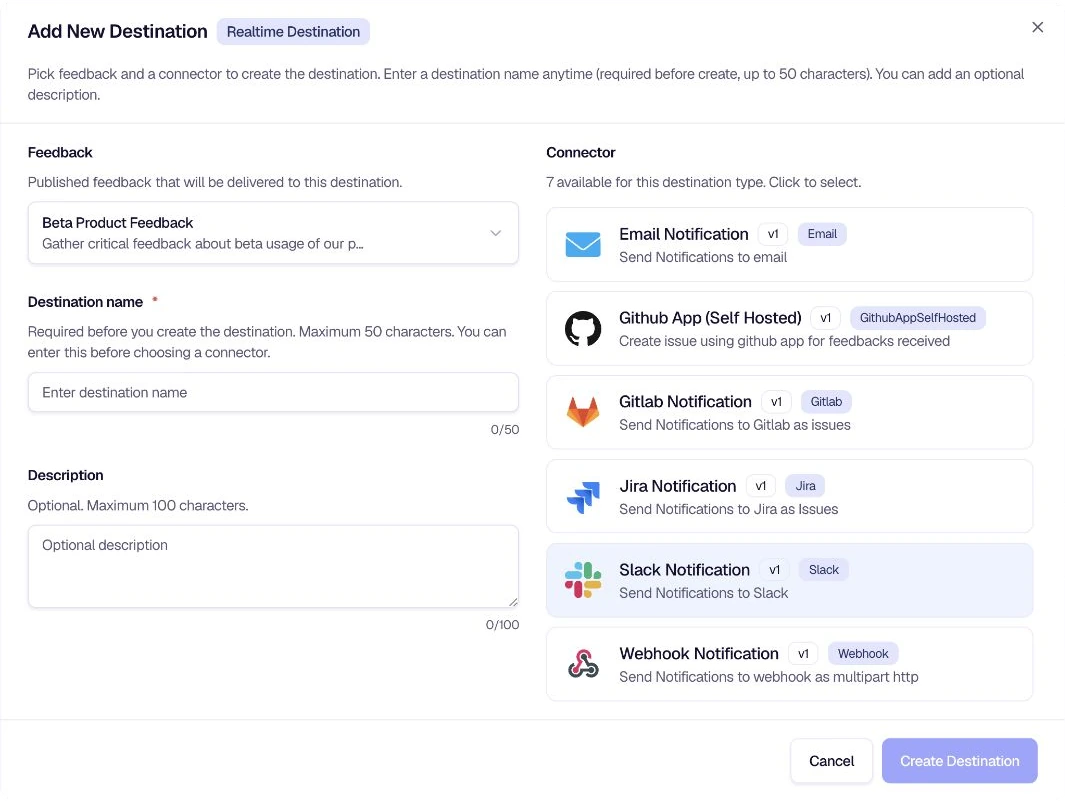 Add Destination modal with feedback configuration and connector selection
