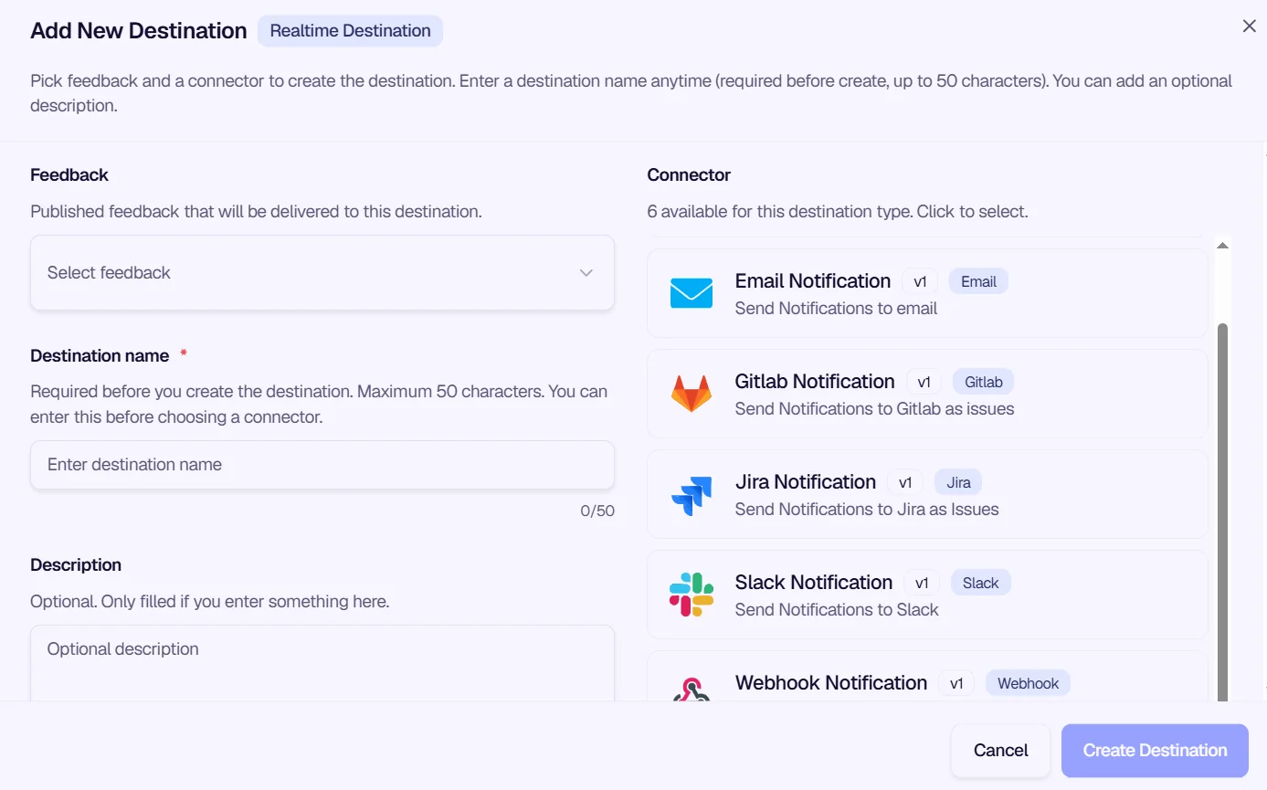 Add Destination modal with feedback configuration and connector selection