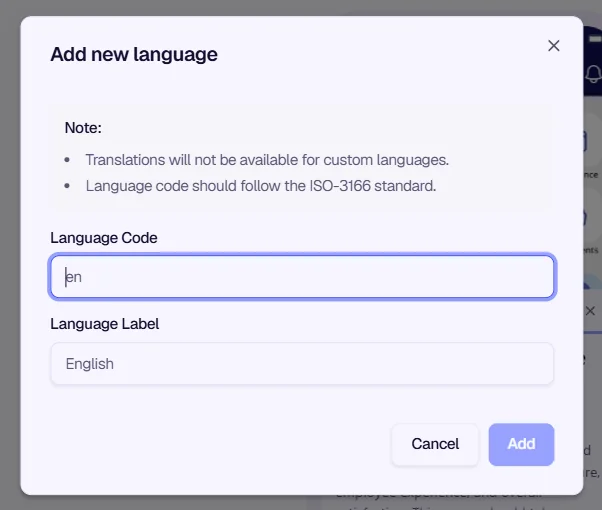 Add new language dialog