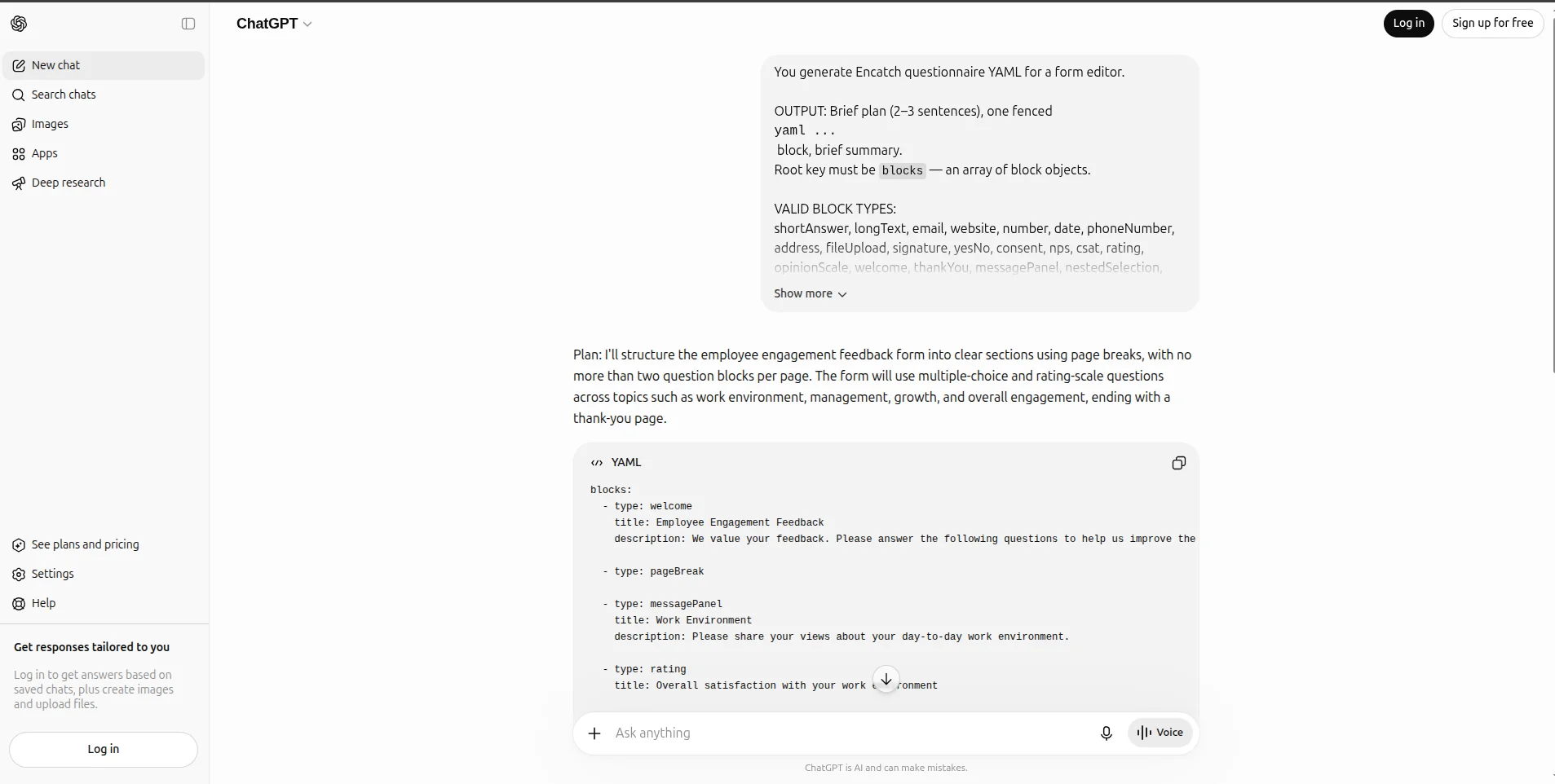 ChatGPT generating Encatch questionnaire YAML