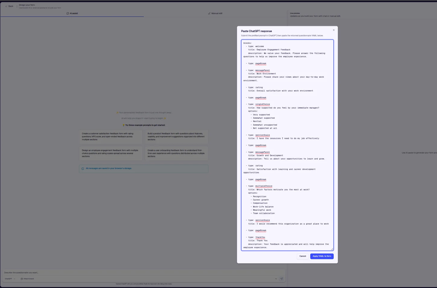 Paste ChatGPT response dialog with questionnaire YAML