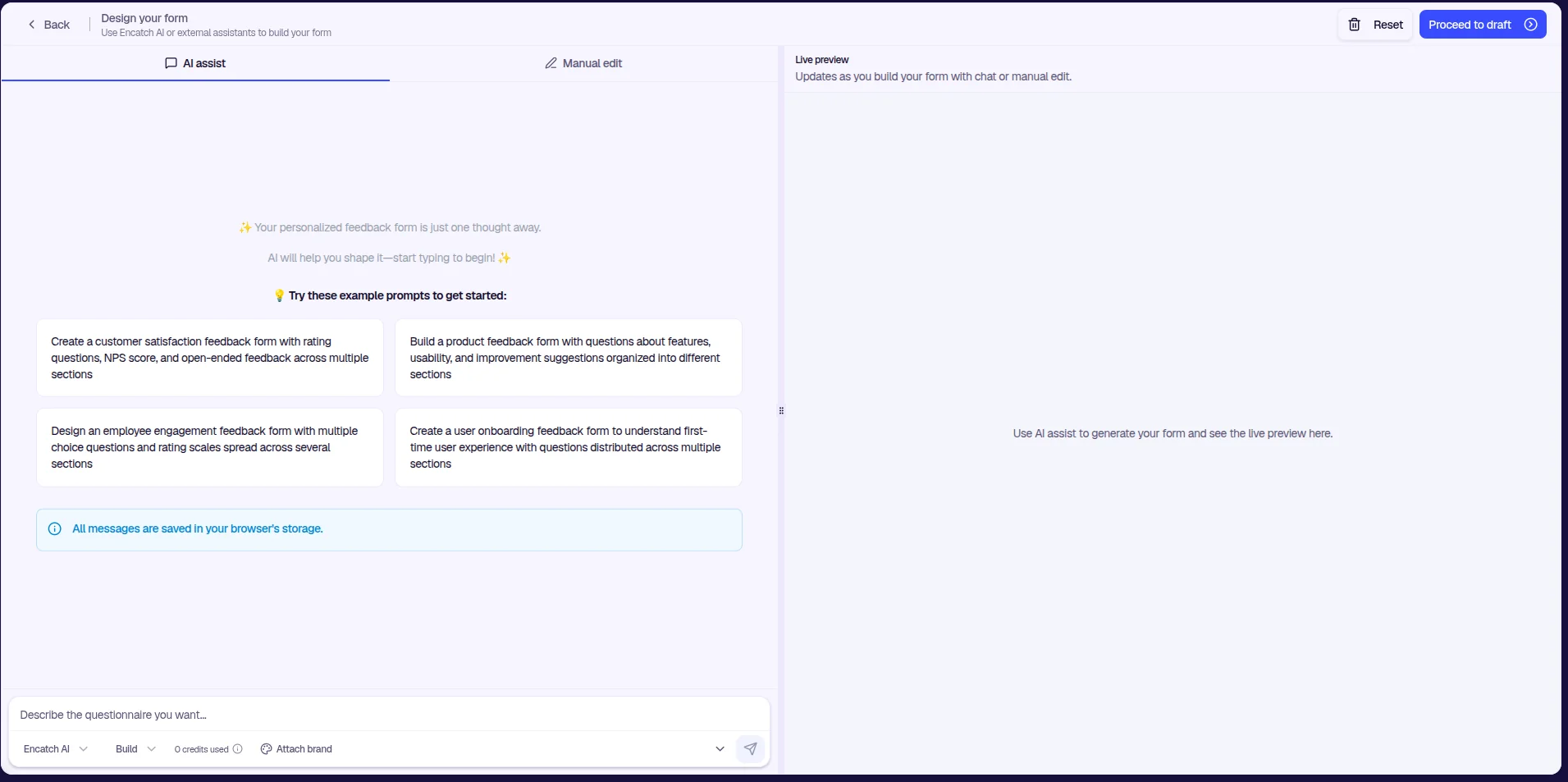 Design your form—AI assist with example prompts and live preview