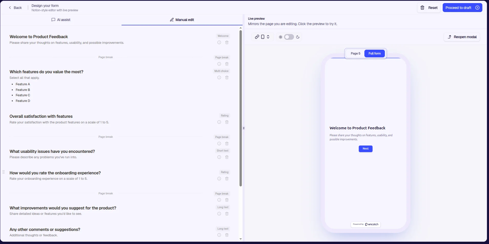 Design your form—Manual edit with Notion-style editor and live preview