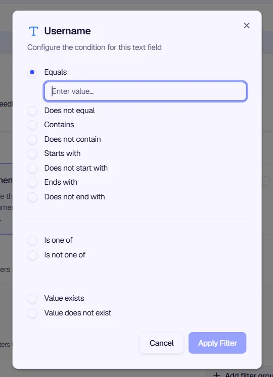 Device Os condition modal - Operators and value