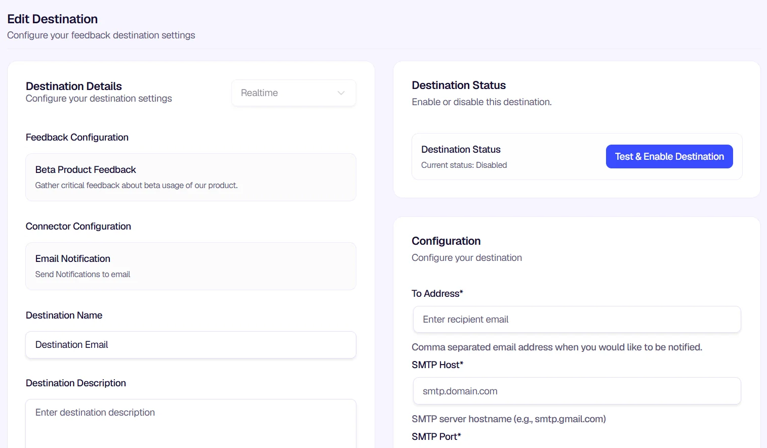 Edit Destination page with To Address, Subject, and Body configuration