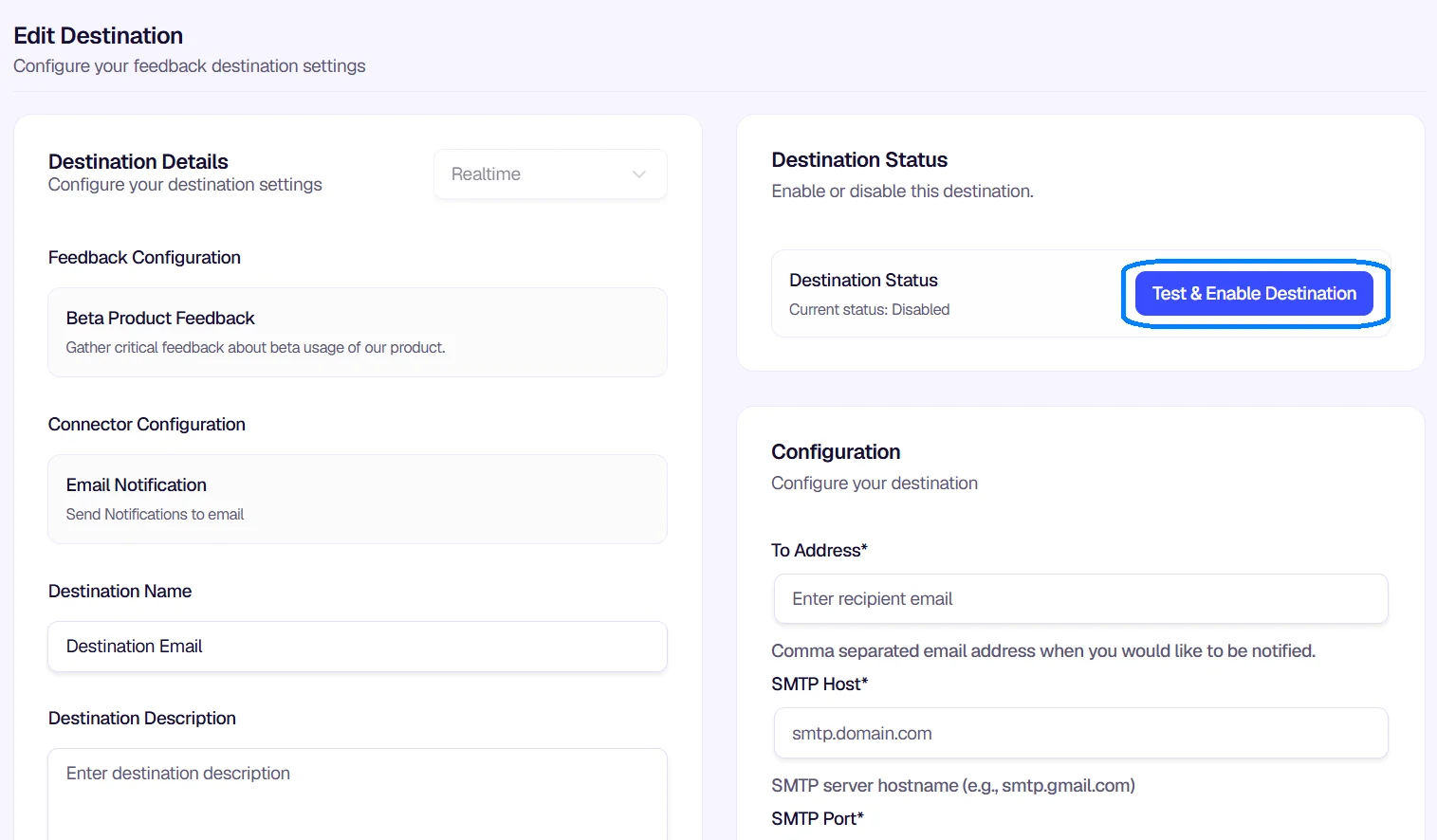 Edit Destination page with Test & Enable button