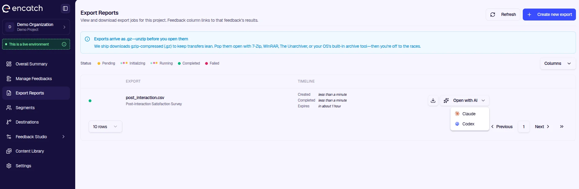 Export Reports—Open with AI dropdown with Claude and Codex