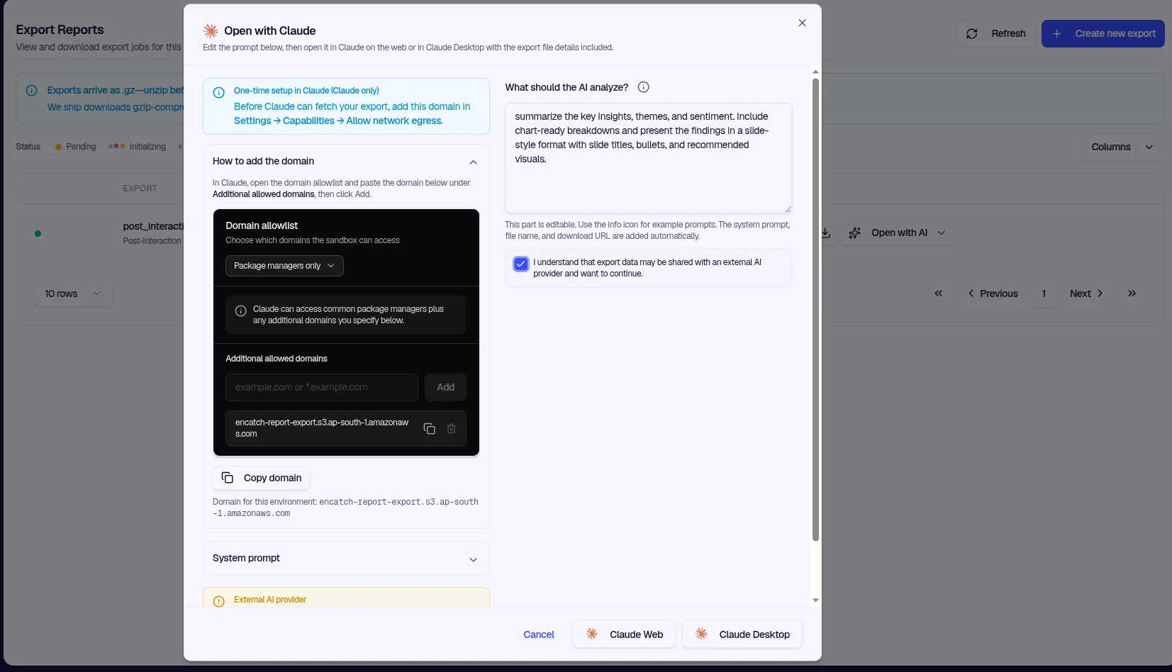 Open with Claude—prompt editor and domain setup