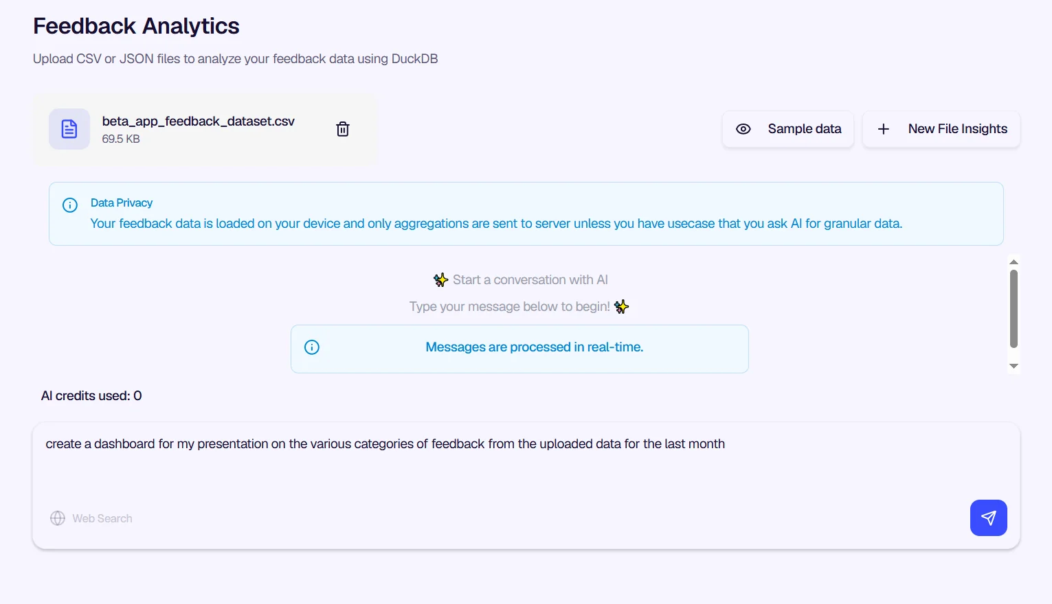 Feedback Analytics — AI conversation interface and data privacy notice