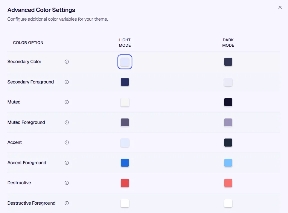 Additional theme color options list