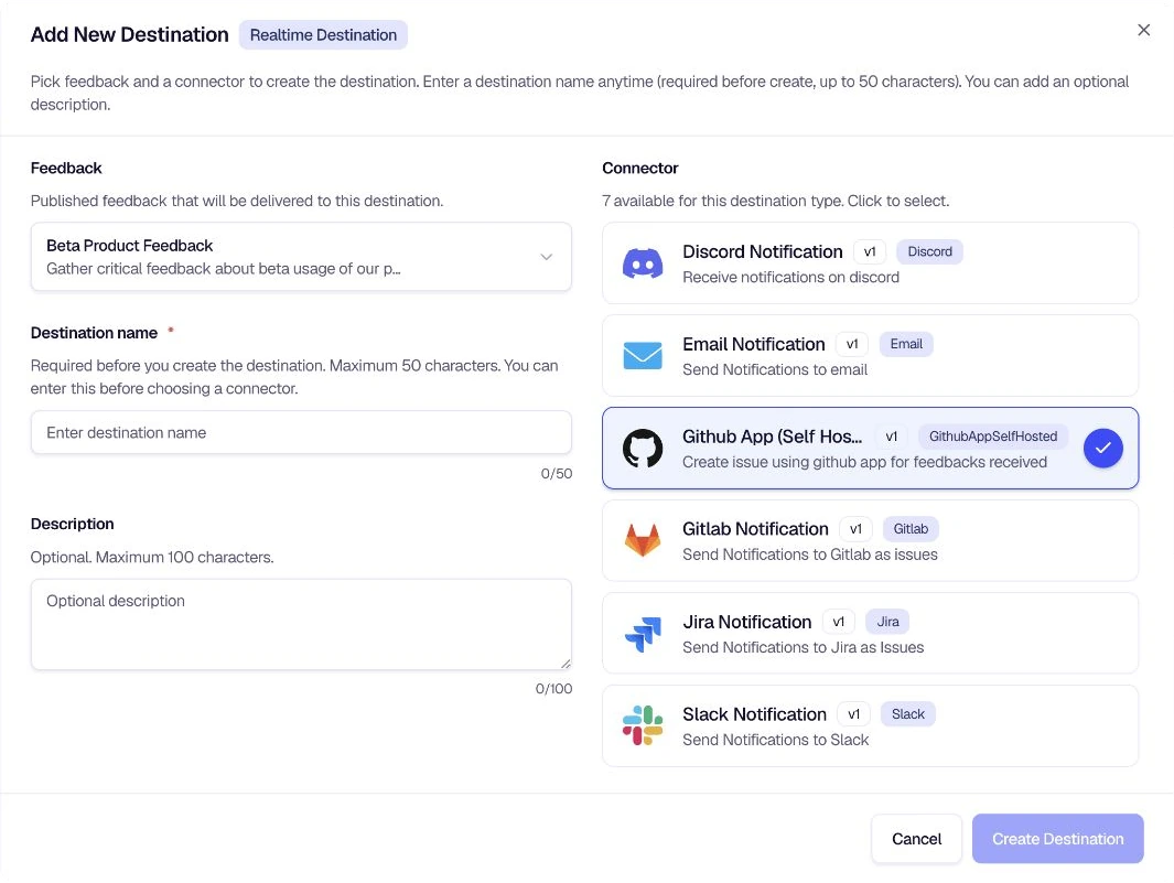 Add New Destination modal with Github App connector selected