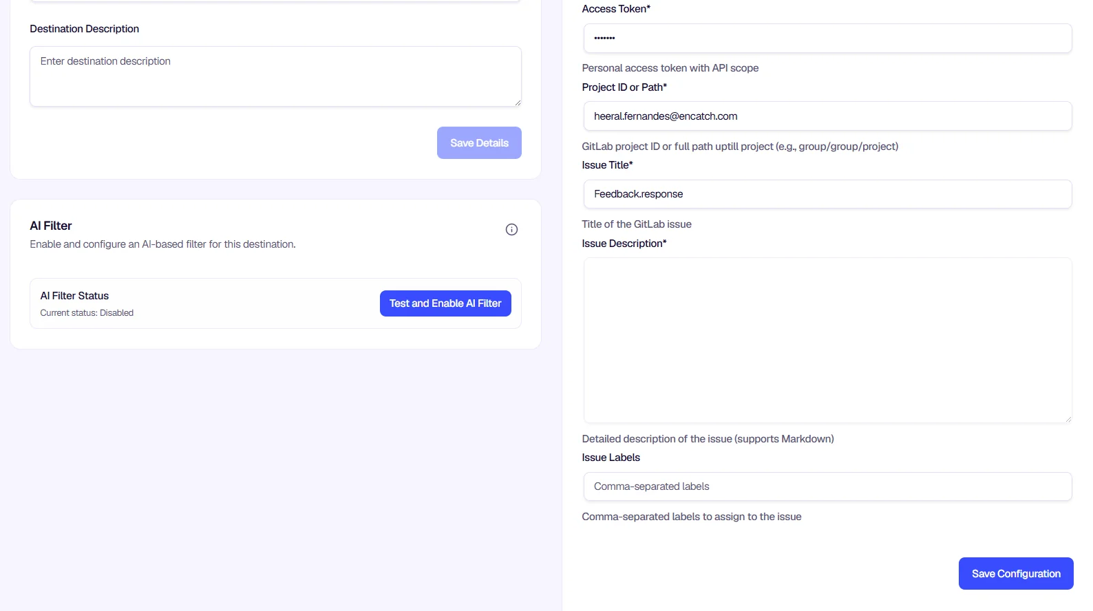 GitLab configuration with issue title, description, and labels