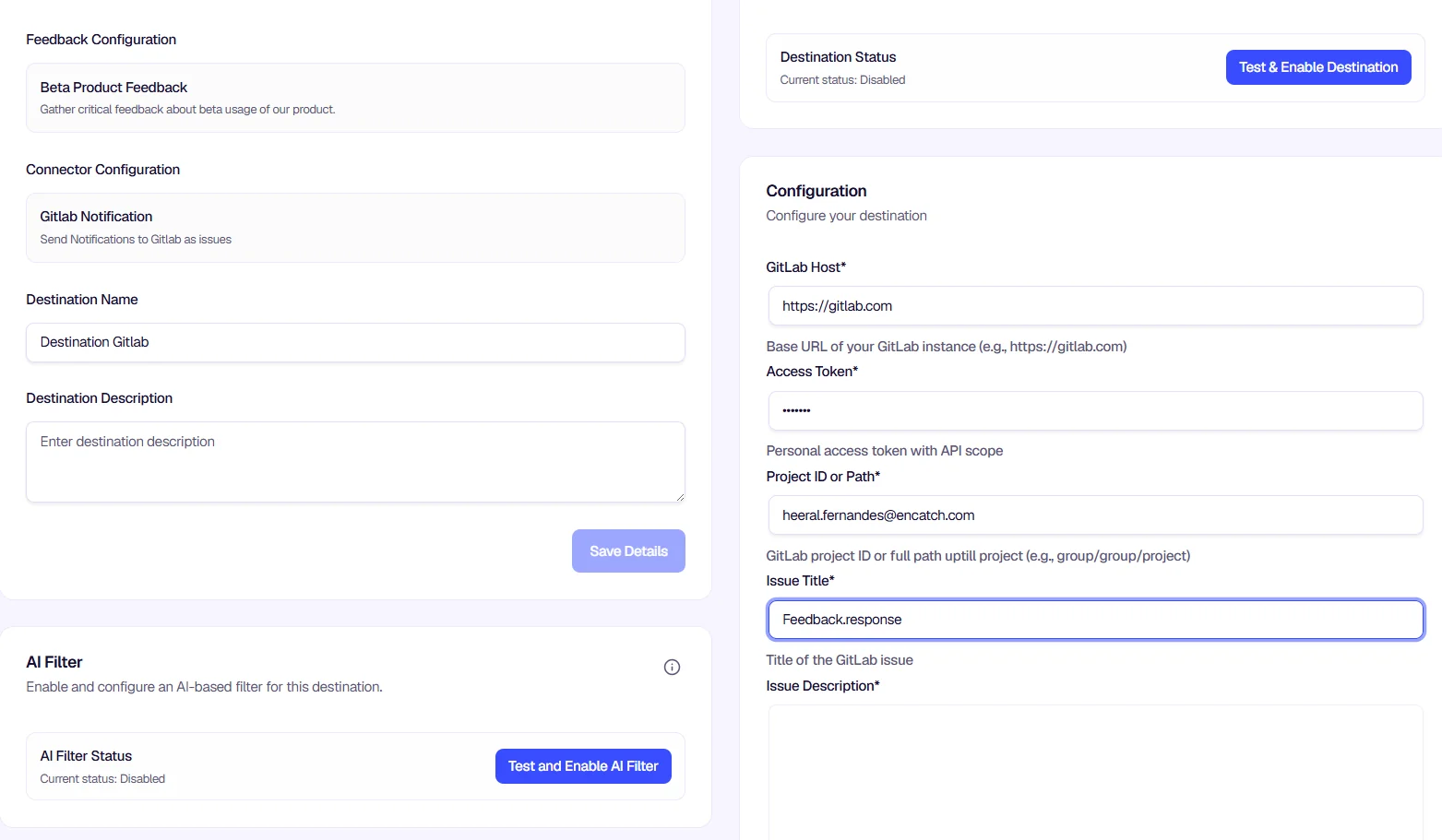 GitLab configuration with host, token, and project fields