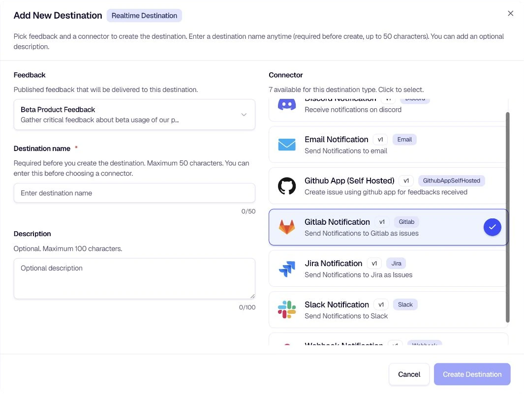 Add Destination modal with GitLab Notification selected