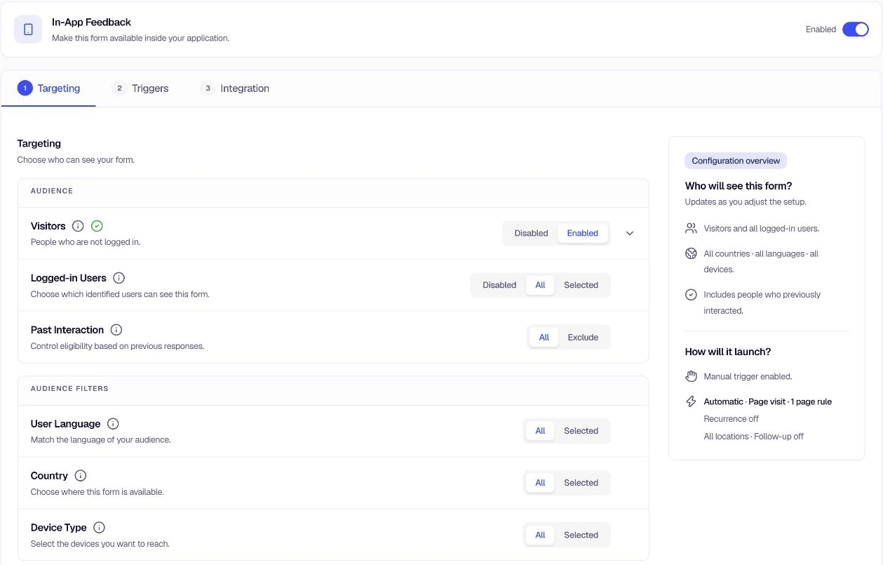 In-App Feedback targeting options