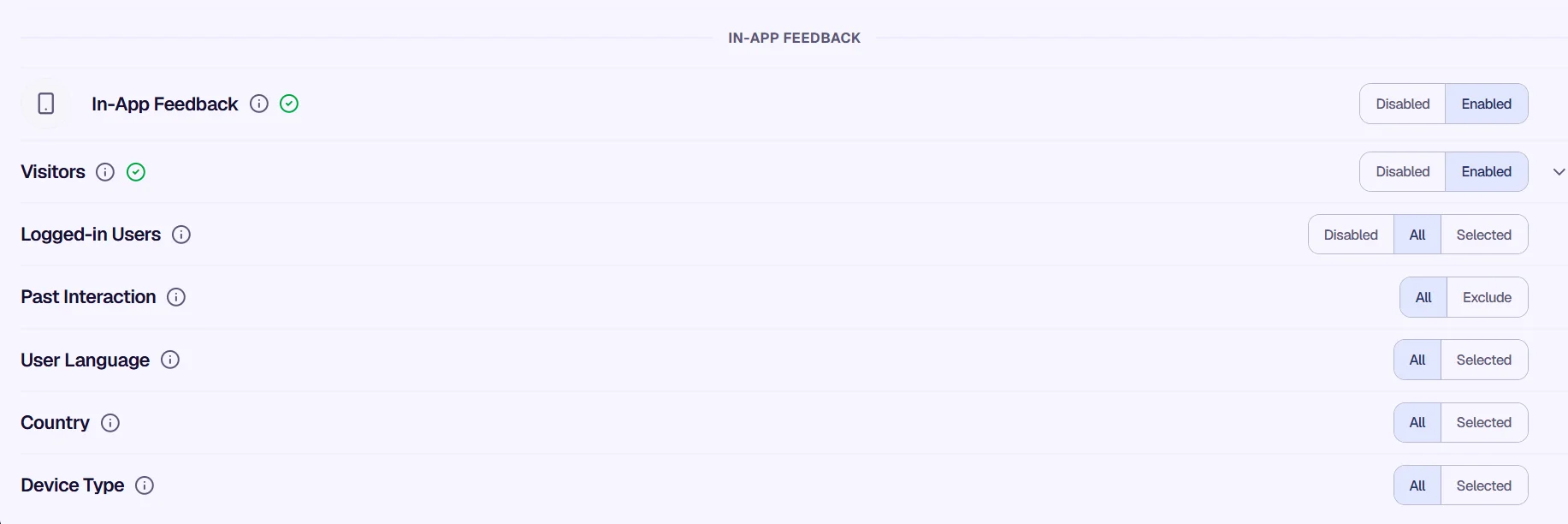 In-App Feedback targeting options