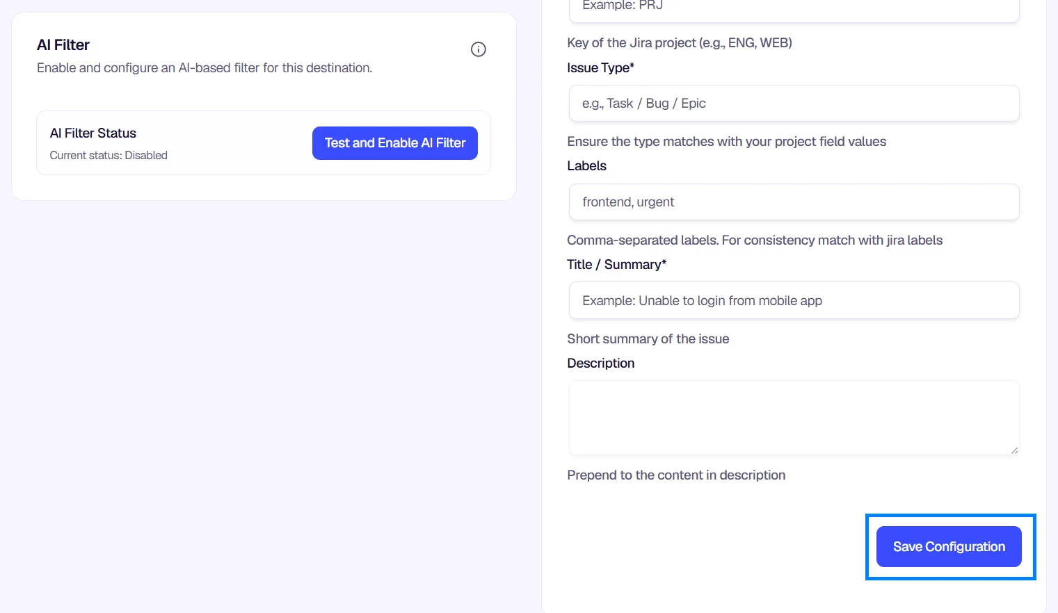 Jira configuration with project key, issue type, labels, title, and description