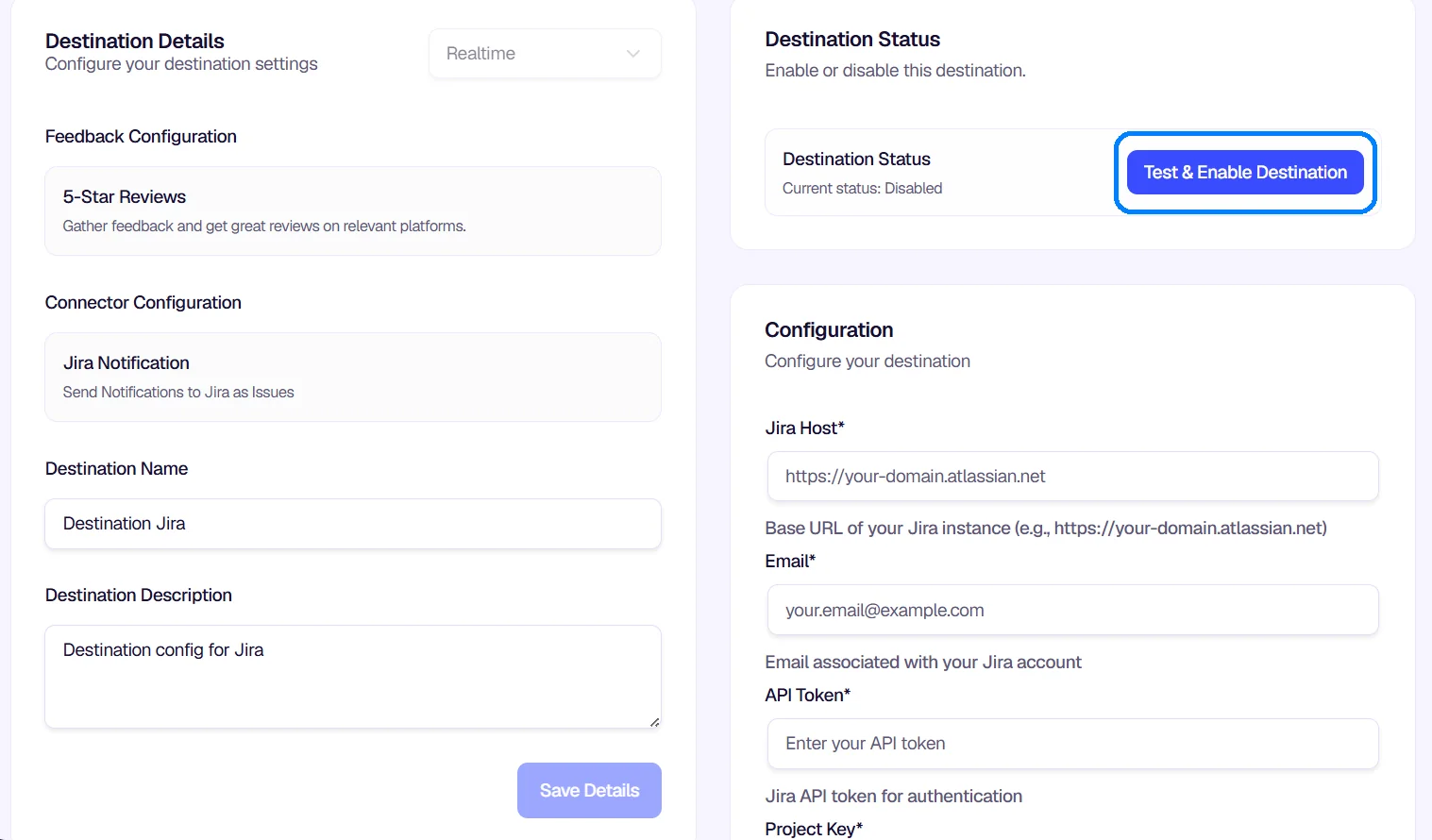 Jira configuration with host, email, API token, and project fields