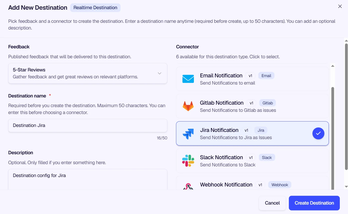 Add Destination modal with Jira Notification selected