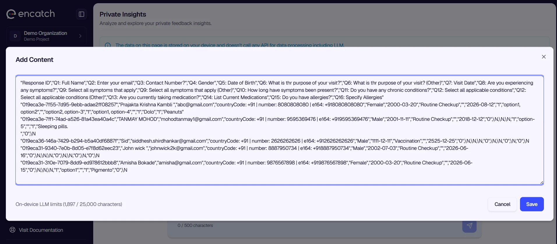 Add Content modal for editing feedback data