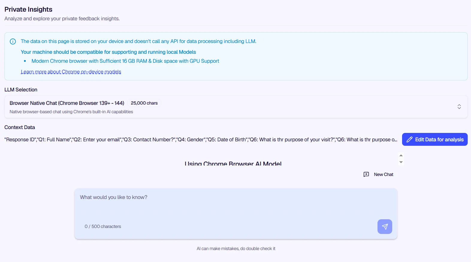 Private Insights chat interface with AI analysis