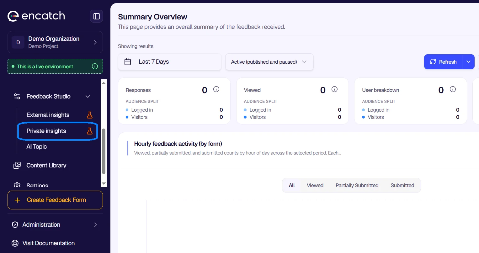 Private Insights in the Feedback Studio navigation