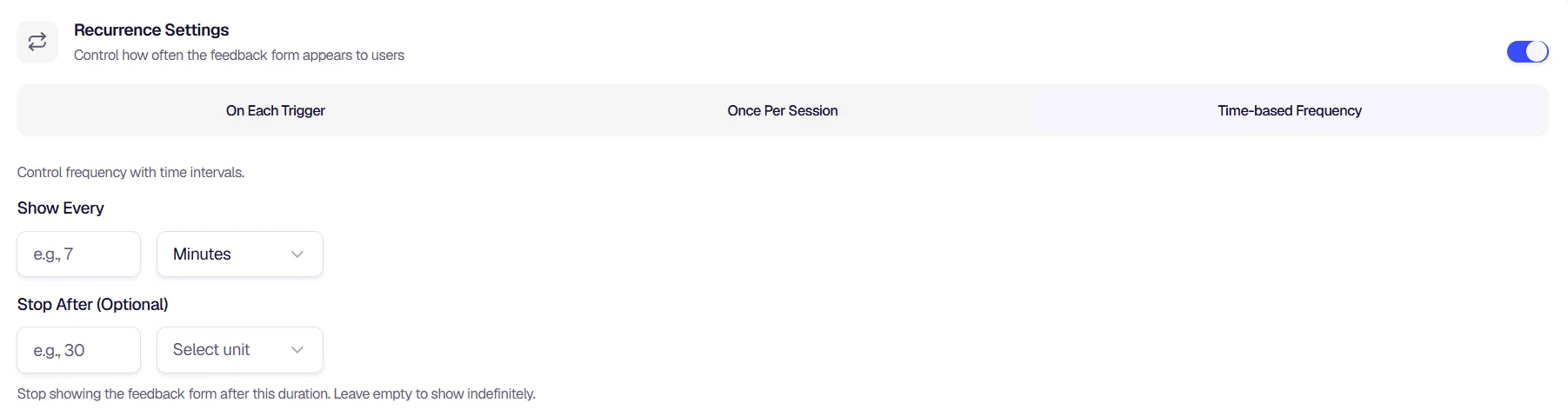 Recurrence Settings - Show every and Stop after