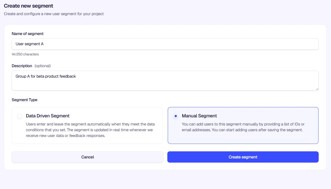 Segments list - All Users, dynamic, and manual segments