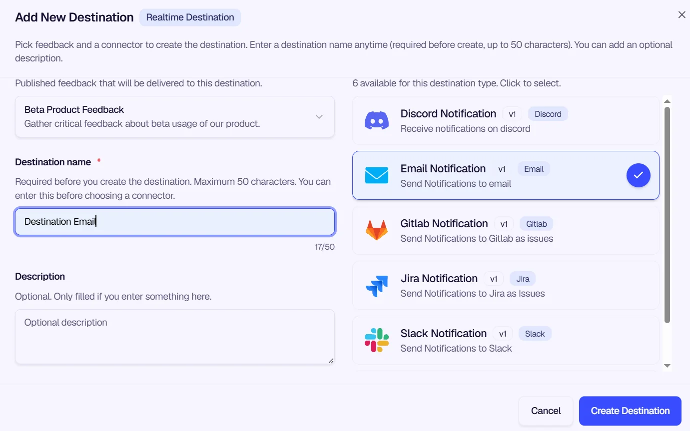 Connector table with Email Notification highlighted
