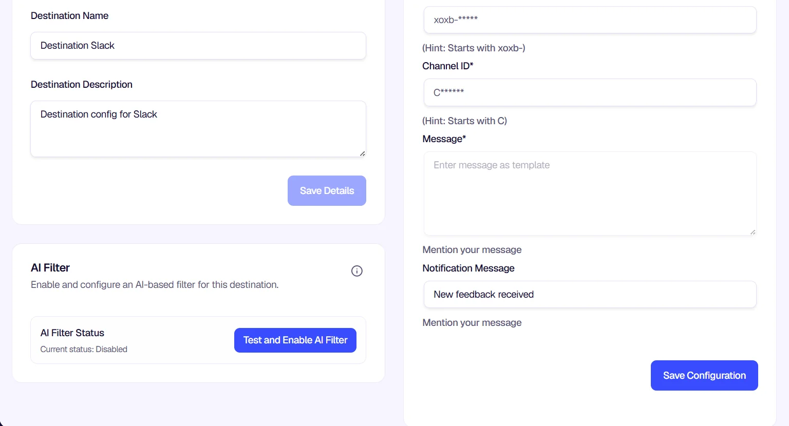 Slack configuration with token, channel ID, and message template