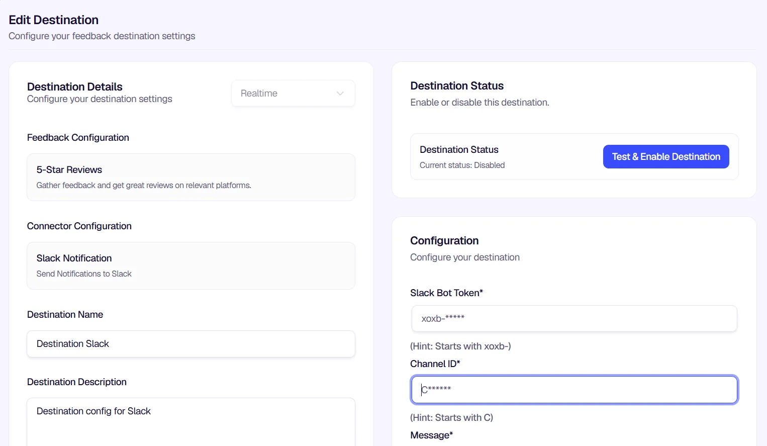 Edit Destination page for Slack configuration