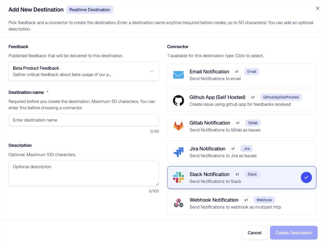 Add Destination modal with Slack Notification selected