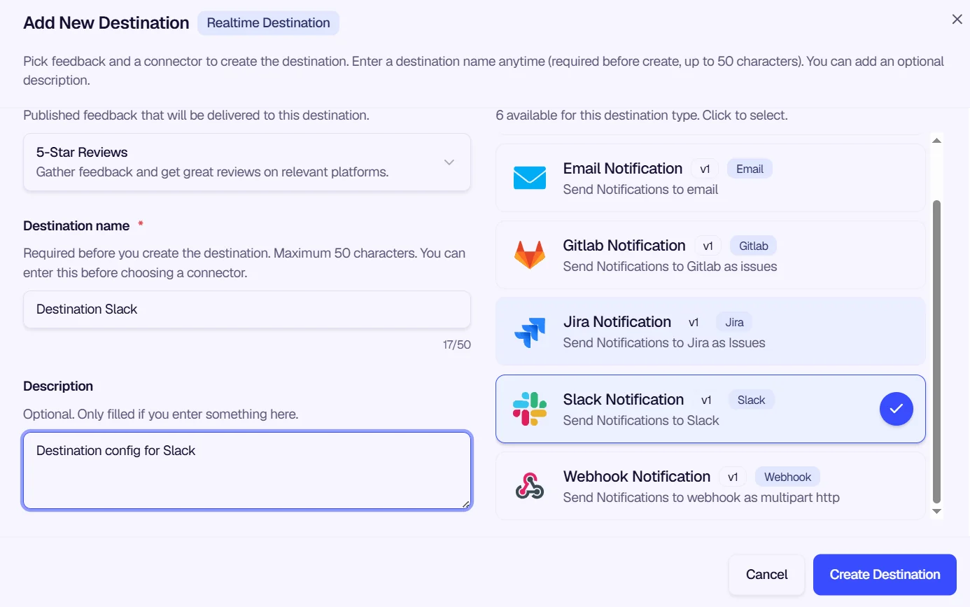 Add Destination modal with Slack Notification selected
