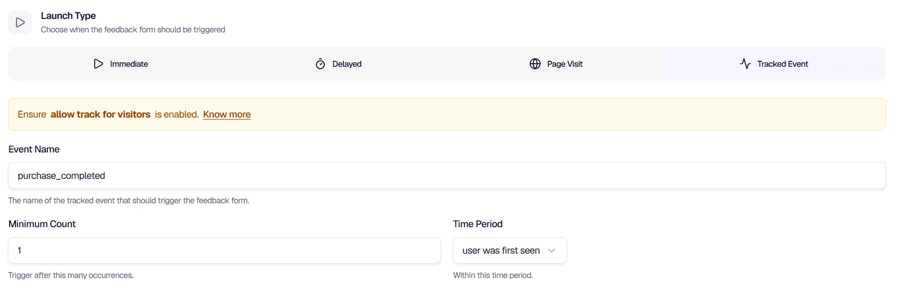 Tracked Event - Event name, minimum count, and time period