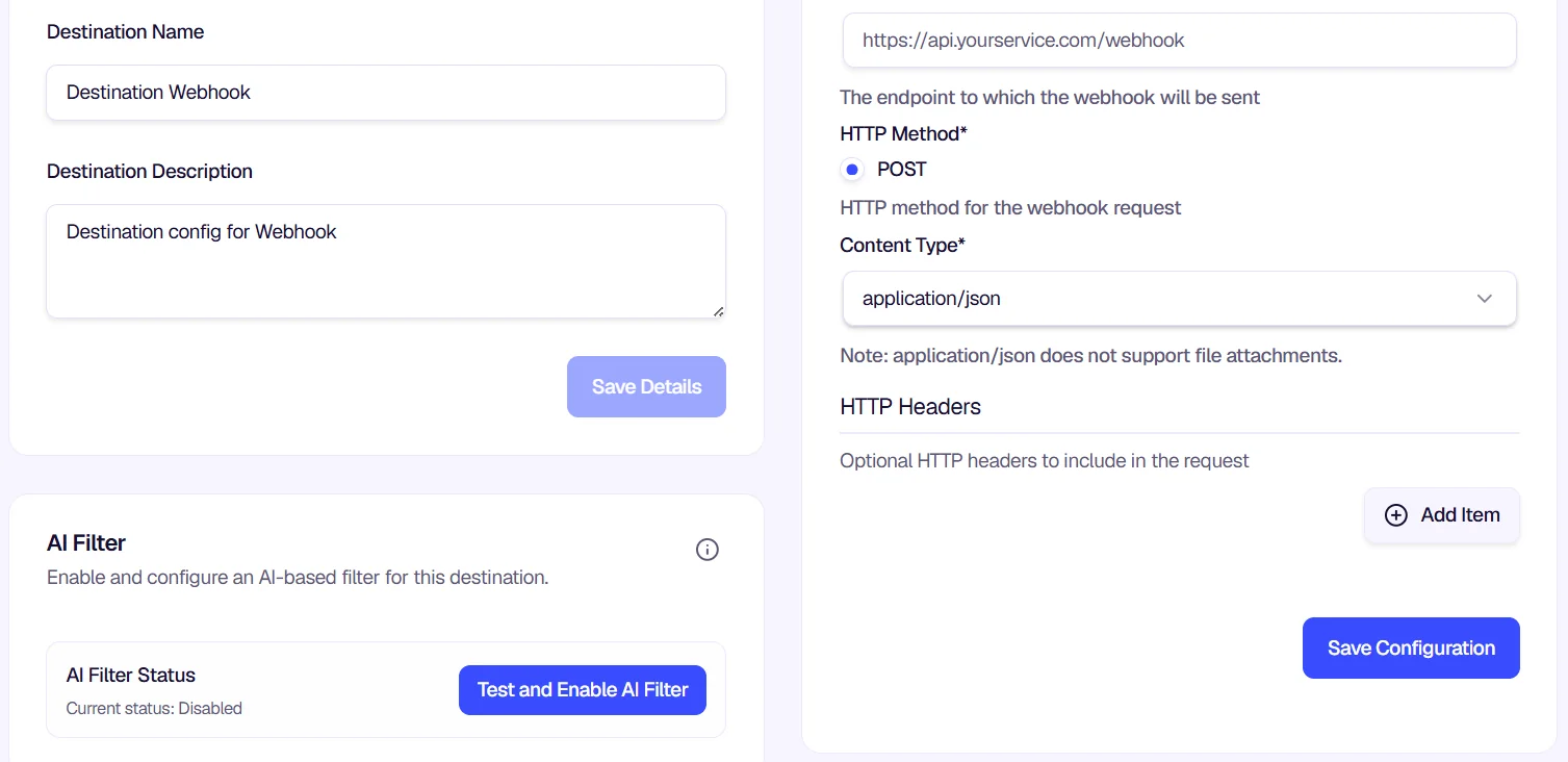 Full Edit Destination page with webhook configuration