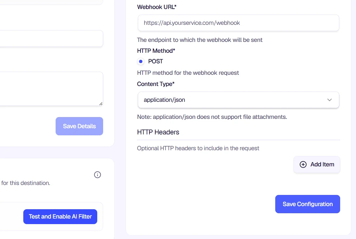 Webhook configuration with URL, HTTP method, and headers