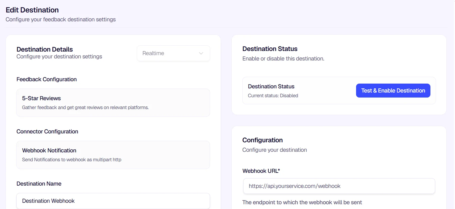 Edit Destination page for Webhook configuration
