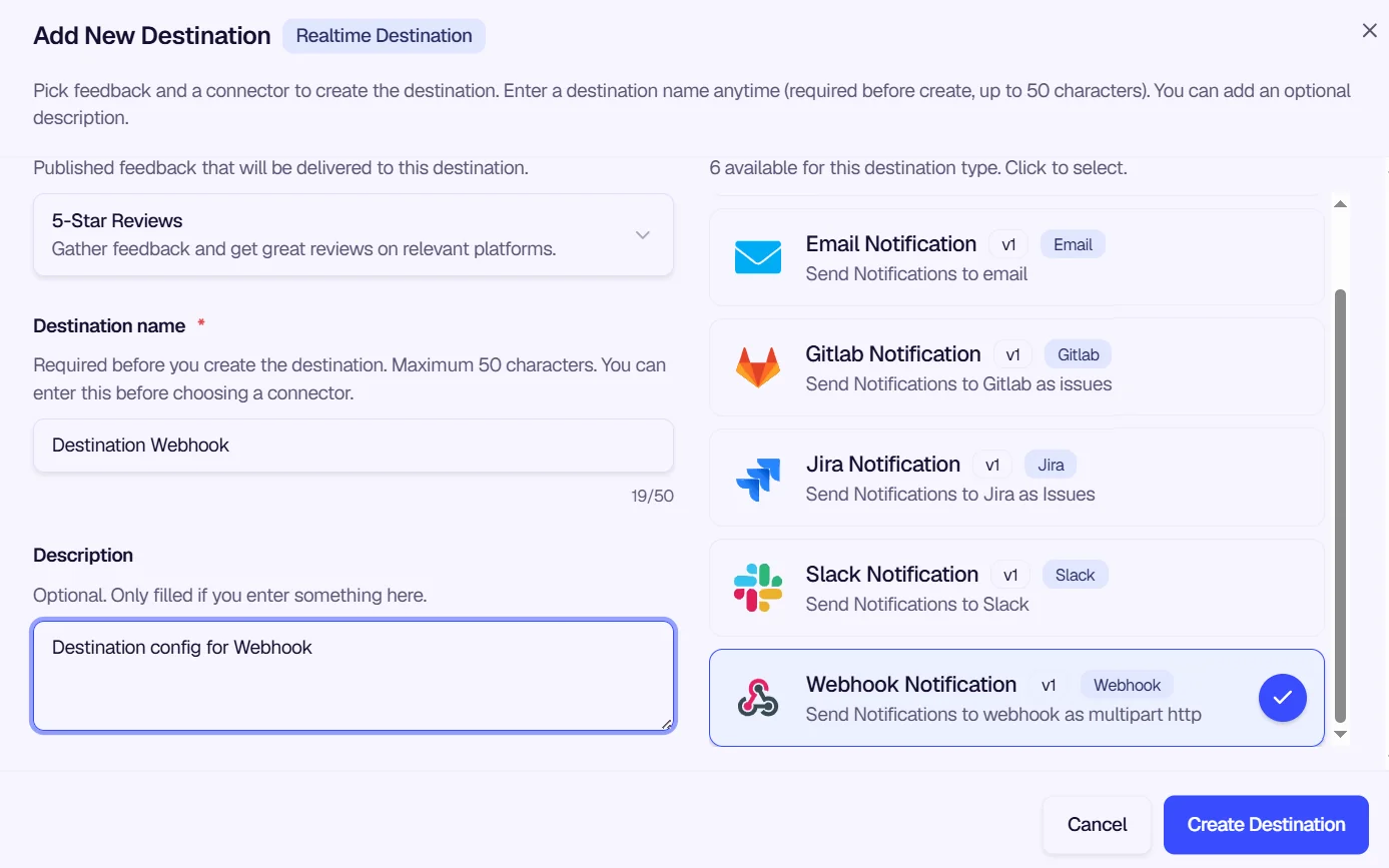 Add Destination modal with Webhook Notification selected